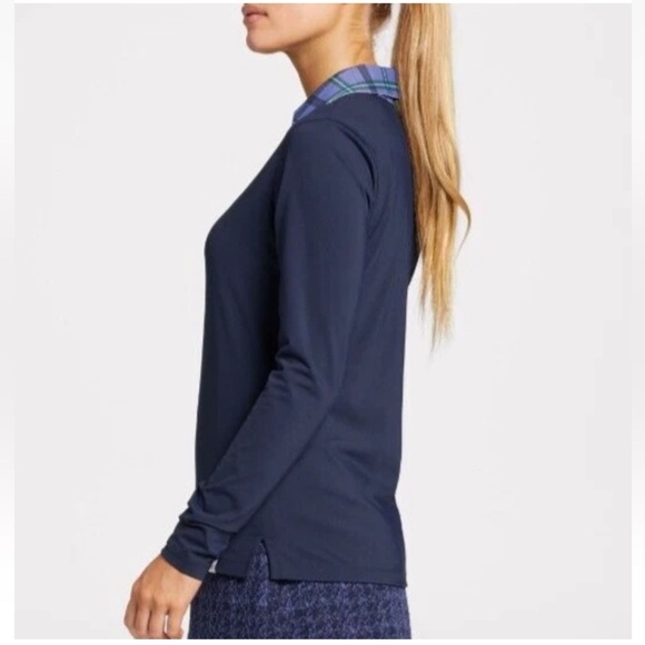 Lady Hagen Navy Blue Clubhouse Long Sleeve Polo Plaid Johnny Collar Sz M - Picture 2 of 11